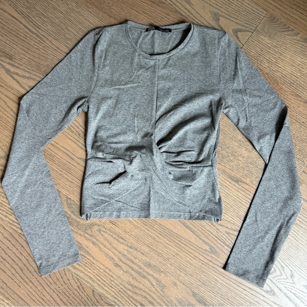 Zara Long Sleeve Heather Gray Twist Cropped Top, S